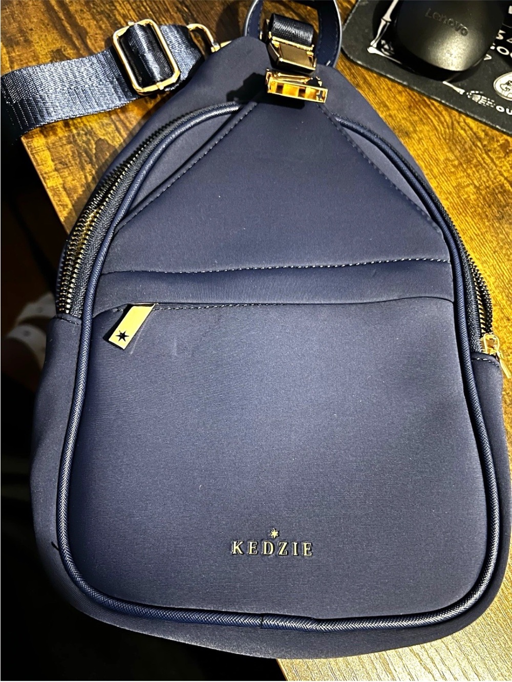 Kedzie Sloane Women's Navy Crossbody Neoprene Soft Sling Bag with Gold Accents
